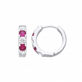 Silver Alternating Clear & Ruby Micro Pave Hoop Earrings
