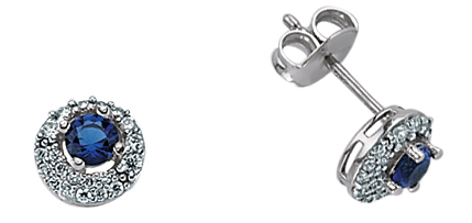 925 Sterling Silver CZ & Sapphire Round Halo Micro Pave Earrings