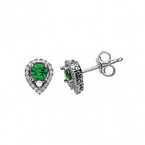 925 Sterling Silver CZ & Emerald Tear Drop Cluster Stud Earrings
