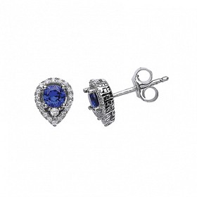 925 Sterling Silver CZ & Sapphire Tear Drop Cluster Stud Earrings