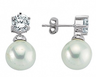 925 Sterling Silver CZ PEARL ON HEXAGON STONE STUD