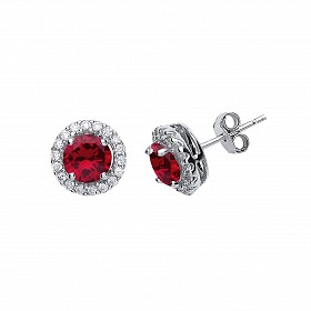 Silver Cubic Zirconia Ruby Cluster Stud Earrings