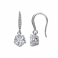 925 Sterling Silver CZ FLOWER 8MM RHODIUM DROP EARRING