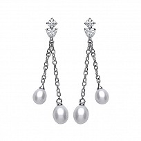 Sterling 925 Sterling Silver Freshwater Pearl & CZ Chain Drop Earrings