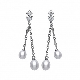 Sterling 925 Sterling Silver Freshwater Pearl & CZ Chain Drop Earrings