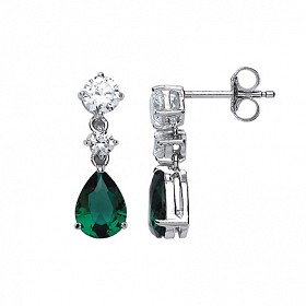 925 Sterling Silver CZ & Emerald Fancy Drop Earrings