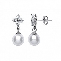 925 Sterling Silver CZ & Pearl Flower Drop Earrings