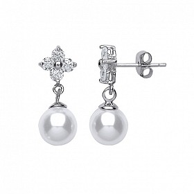 925 Sterling Silver CZ & Pearl Flower Drop Earrings
