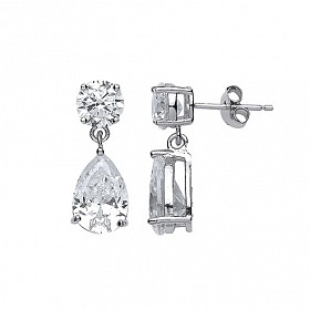 925 Sterling Silver CZ Round & Pear Shape Fancy Drop Earrings