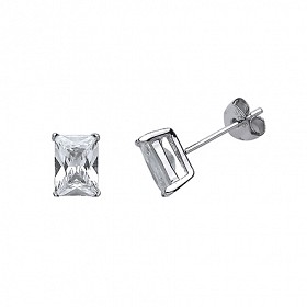 925 Sterling Silver Cubic Zirconia Emerald Cut Studs