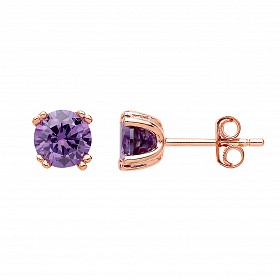 Rose Plated Amethyst CZ Stud Earrings
