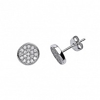 925 Sterling Silver CZ Round Flat Pave Stud Earrings