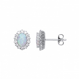 925 Sterling Silver CZ Opal Oval Cluster Stud Earrings