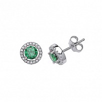 925 Sterling Silver CZ & Emerald Round Stud Earrings