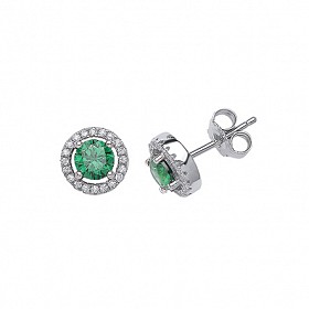 925 Sterling Silver CZ & Emerald Round Stud Earrings