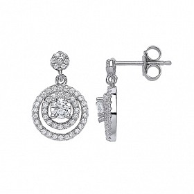 925 Sterling Silver CZ Pave Circle Drop Earrings