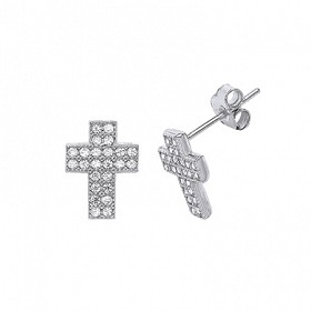 925 Sterling Silver CZ Pave Set Cross Studs