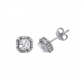 925 Sterling Silver CZ Princess Cut Earrings In A Claw Set Setting