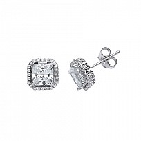 925 Sterling Silver CZ Princess Cut Earrings In A Claw Set Setting