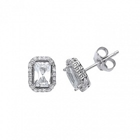 925 Sterling Silver CZ Emerald Cut Earrings In A Claw Set Setting