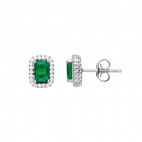 925 Sterling Silver Cubic Zirconia Emerald-Cut Emerald Micro Pavé Earring