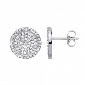 925 Sterling Silver CZ Pave Set Disc Stud Earrings