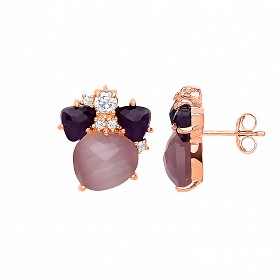 Rose Gold Pl CZ, Amethyst & Vintage Rose Stone Stud Earrings