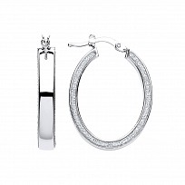 925 Sterling Silver Fancy Oval Moon Dust Hoop Earrings