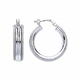 925 Sterling Silver Moondust Wide Ribbed Round 15mm Hoop Earrings