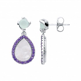 925 Sterling Gold Plated Amethyst CZ & Mother Of Pearl Drop Earrings