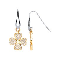 925 Sterling Silver & Gold Plated CZ Four Leaf Clover Fancy Earrings