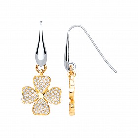 925 Sterling Silver & Gold Plated CZ Four Leaf Clover Fancy Earrings