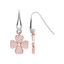 925 Sterling Silver & Rose Gold Plated CZ Four Leaf Clover Fancy Earrings