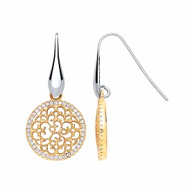 Gold Plated CZ Fancy Mesh Disc Drop Earrings