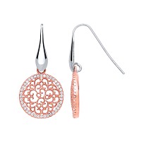 Rose Gold Plated CZ Fancy Mesh Disc Drop Earrings