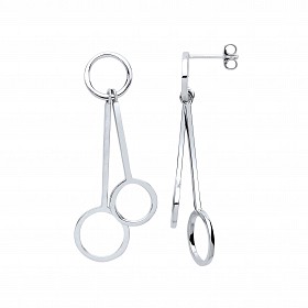 925 Sterling Silver Line & Double Circle Fancy Drop Earrings