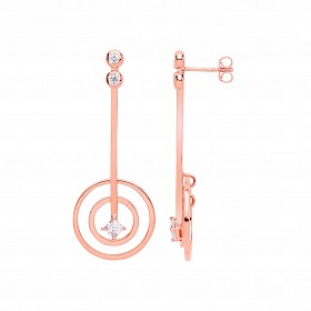 Rose Gold Plated CZ Fancy Line & Double Circle Drop Earrings