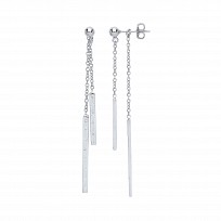 925 Sterling Silver Fancy Double Chain Drop CZ Bar Earrings