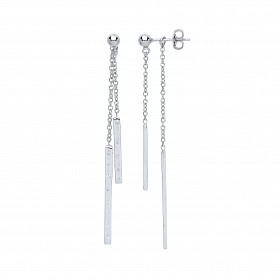 925 Sterling Silver Fancy Double Chain Drop CZ Bar Earrings