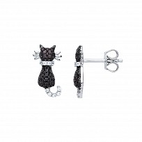 925 Sterling Silver CZ & Black CZ Fancy Cat Stud Earrings