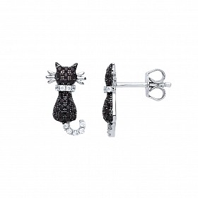 925 Sterling Silver CZ & Black CZ Fancy Cat Stud Earrings
