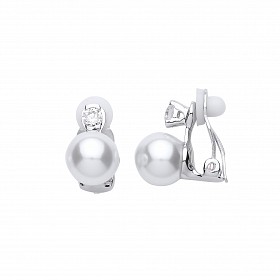 925 Sterling Silver CZ Fancy Pearl Clip On Earrings