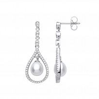 925 Sterling Silver CZ & Fresh Water Pearl Fancy Drop Earrings