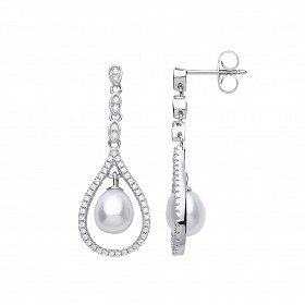 925 Sterling Silver CZ & Fresh Water Pearl Fancy Drop Earrings