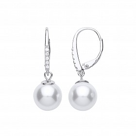 925 Sterling Silver CZ & Shell Pearl Fancy Drop Earrings