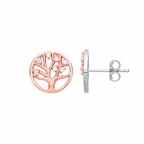 925 Sterling Silver & Rose Gold Plated CZ Tree Of Life Stud Earrings