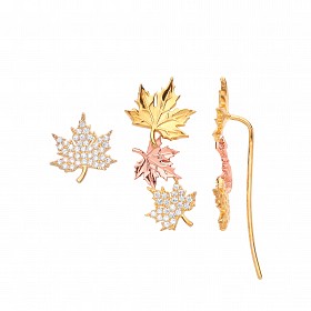 Gold Plated 2 Piece CZ Set Stud & Slide Up Maple Leaf Earrings