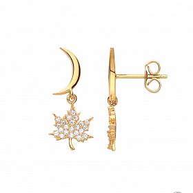 Gold Plated CZ Leaf & Moon Drop Earrings