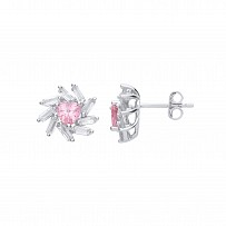 Rose Gold CZ & Pink Flower Stud Earrings