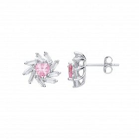 Rose Gold CZ & Pink Flower Stud Earrings